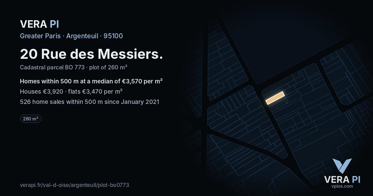 20 Rue des Messiers, Argenteuil at night – the plot lit, the parcels around coloured by the prices near them
