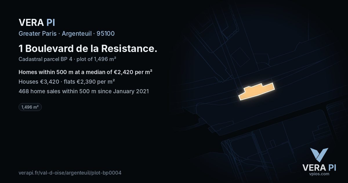 1 Boulevard de la Resistance, Argenteuil at night – the plot lit, the parcels around coloured by the prices near them