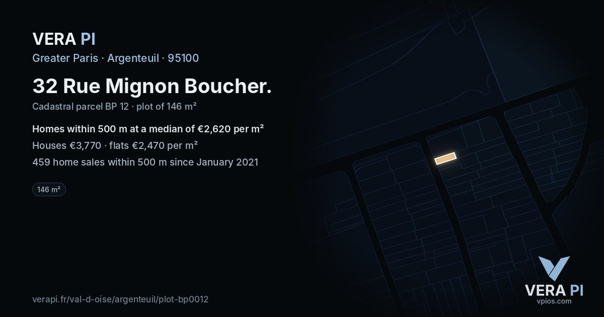 32 Rue Mignon Boucher, Argenteuil at night – the plot lit, the parcels around coloured by the prices near them