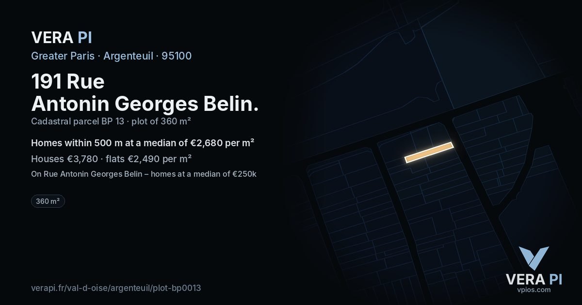 191 Rue Antonin Georges Belin, Argenteuil at night – the plot lit, the parcels around coloured by the prices near them