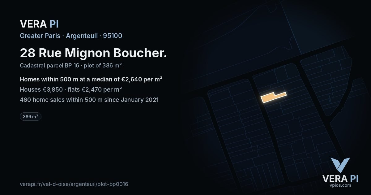 28 Rue Mignon Boucher, Argenteuil at night – the plot lit, the parcels around coloured by the prices near them