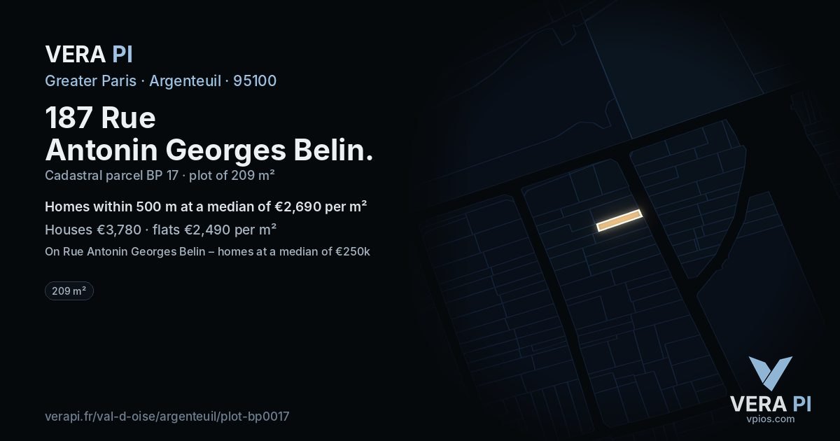 187 Rue Antonin Georges Belin, Argenteuil at night – the plot lit, the parcels around coloured by the prices near them