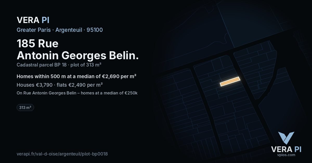 185 Rue Antonin Georges Belin, Argenteuil at night – the plot lit, the parcels around coloured by the prices near them