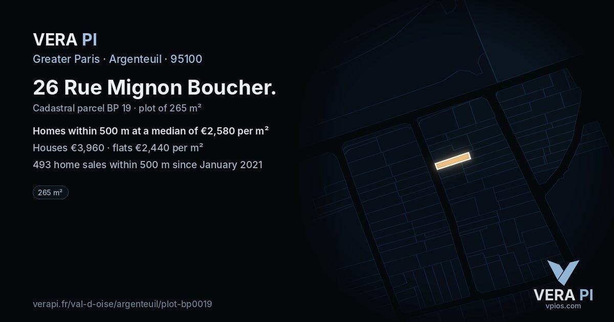 26 Rue Mignon Boucher, Argenteuil at night – the plot lit, the parcels around coloured by the prices near them