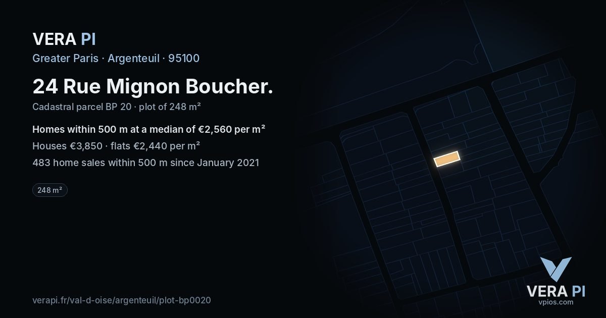 24 Rue Mignon Boucher, Argenteuil at night – the plot lit, the parcels around coloured by the prices near them