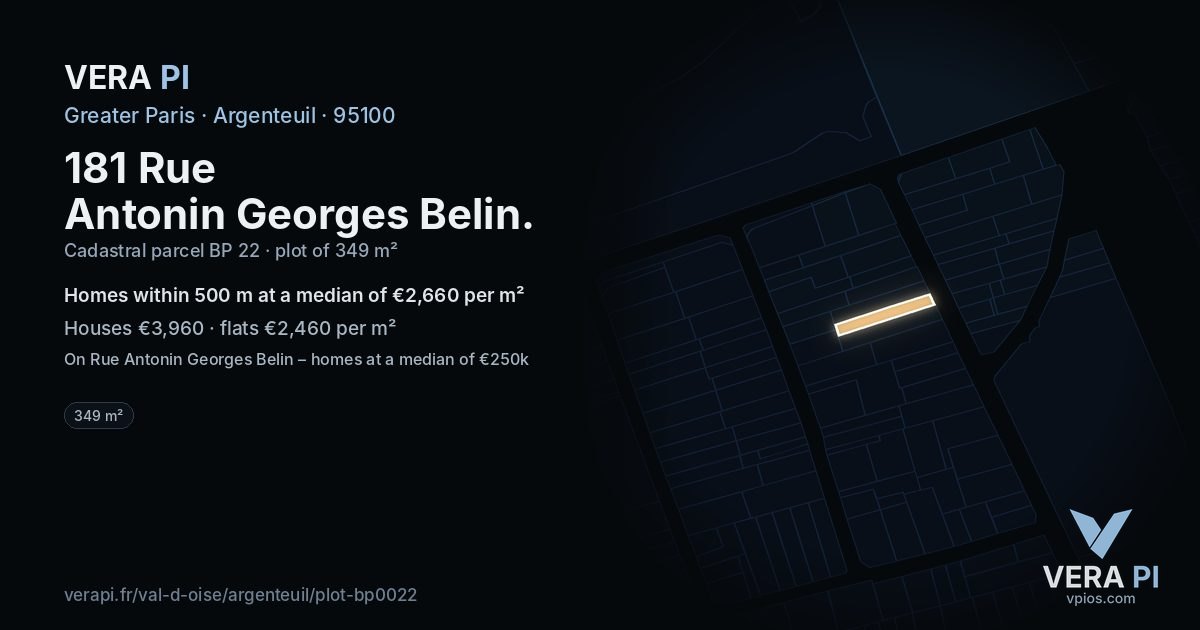 181 Rue Antonin Georges Belin, Argenteuil at night – the plot lit, the parcels around coloured by the prices near them
