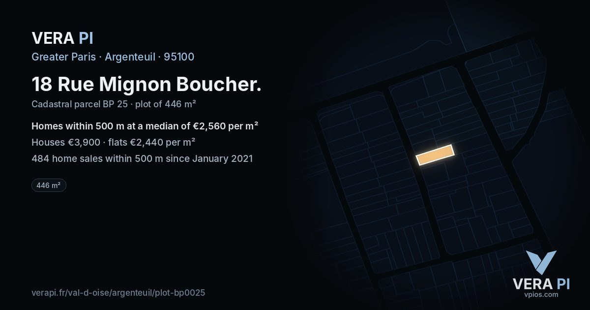 18 Rue Mignon Boucher, Argenteuil at night – the plot lit, the parcels around coloured by the prices near them