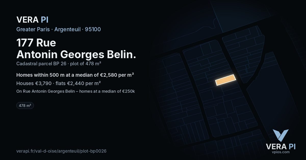 177 Rue Antonin Georges Belin, Argenteuil at night – the plot lit, the parcels around coloured by the prices near them
