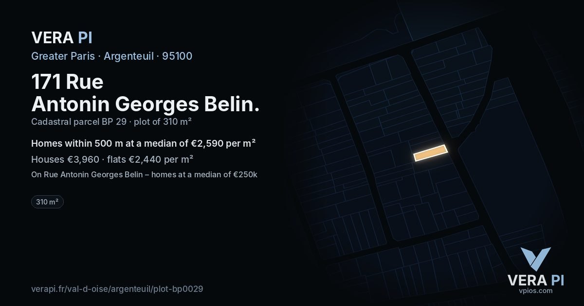 171 Rue Antonin Georges Belin, Argenteuil at night – the plot lit, the parcels around coloured by the prices near them