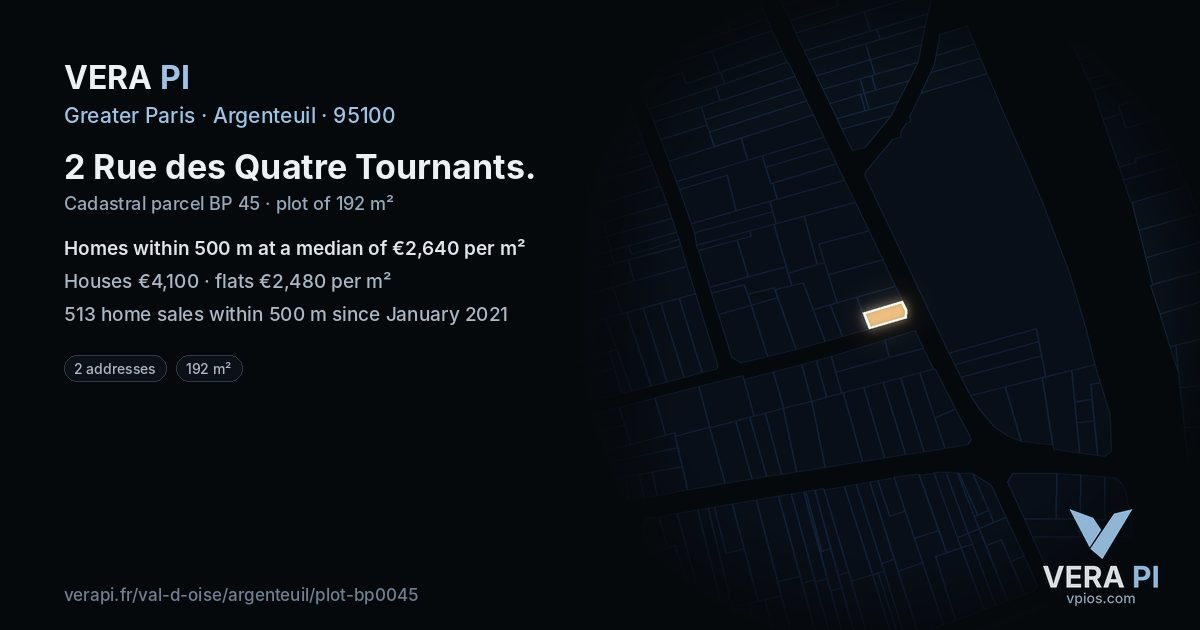 2 Rue des Quatre Tournants, Argenteuil at night – the plot lit, the parcels around coloured by the prices near them