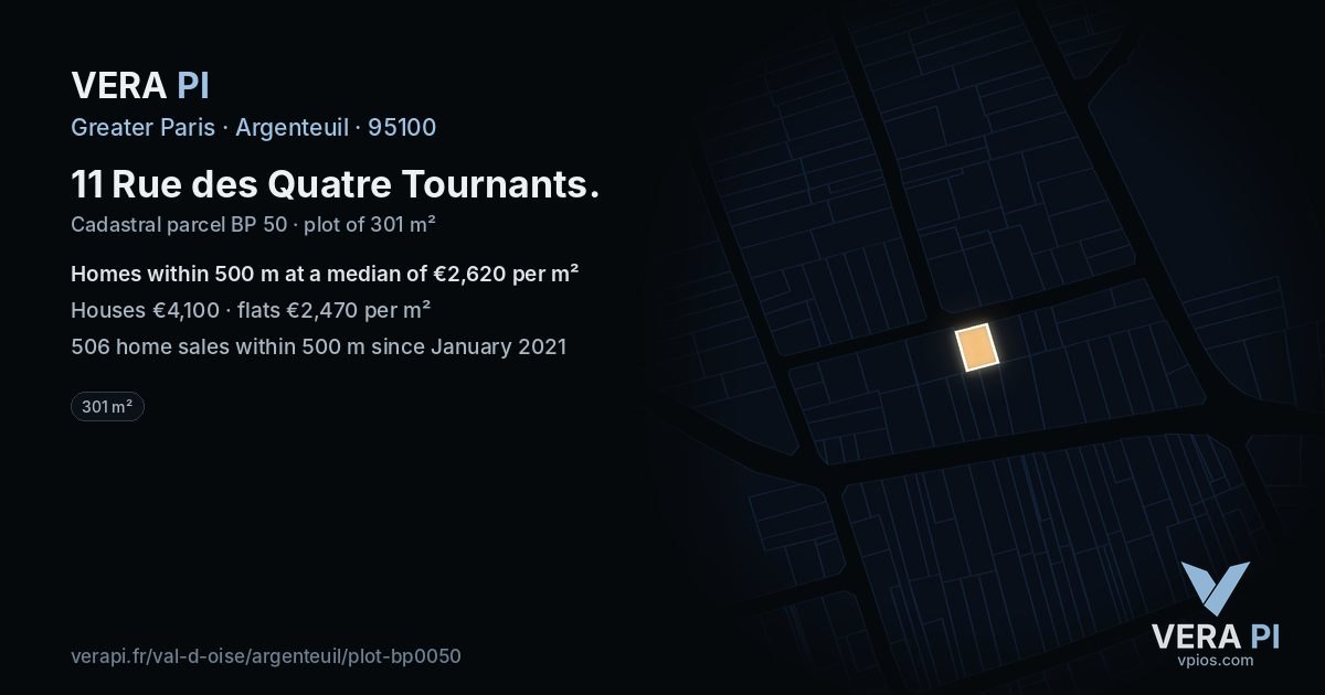 11 Rue des Quatre Tournants, Argenteuil at night – the plot lit, the parcels around coloured by the prices near them