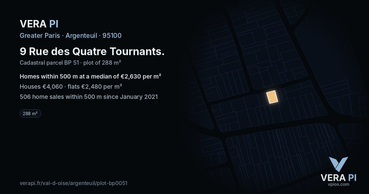 9 Rue des Quatre Tournants, Argenteuil at night – the plot lit, the parcels around coloured by the prices near them