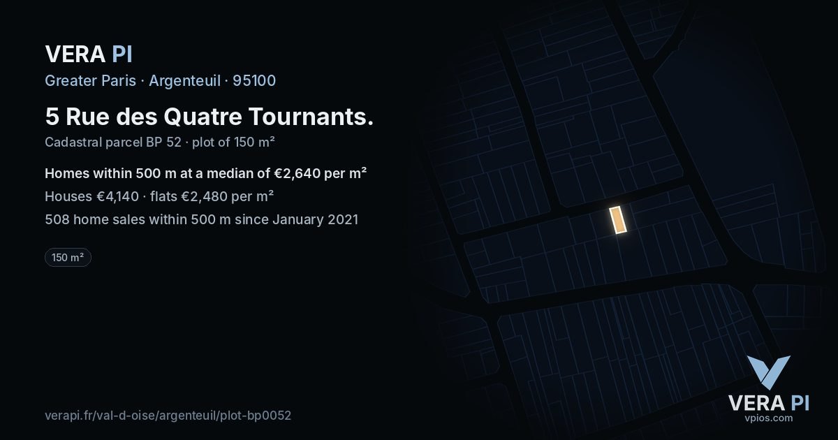 5 Rue des Quatre Tournants, Argenteuil at night – the plot lit, the parcels around coloured by the prices near them