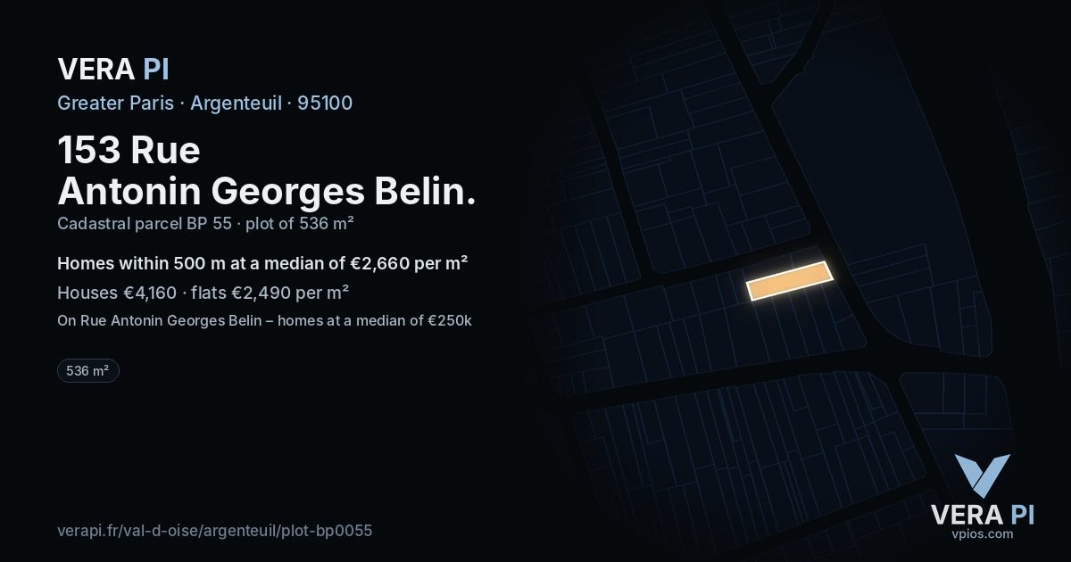 153 Rue Antonin Georges Belin, Argenteuil at night – the plot lit, the parcels around coloured by the prices near them