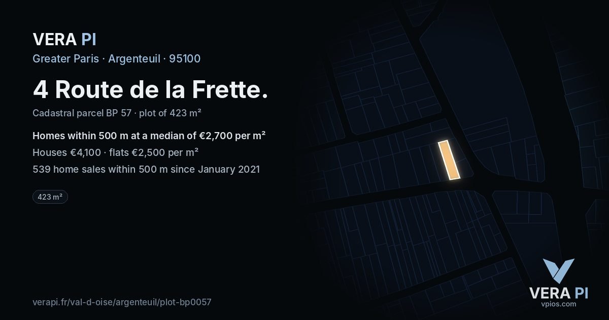 4 Route de la Frette, Argenteuil at night – the plot lit, the parcels around coloured by the prices near them