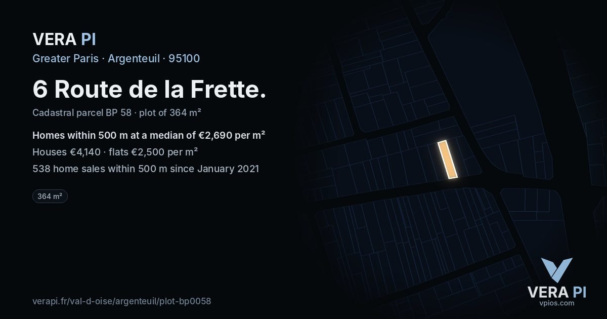 6 Route de la Frette, Argenteuil at night – the plot lit, the parcels around coloured by the prices near them