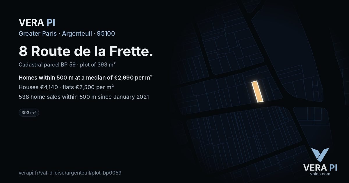 8 Route de la Frette, Argenteuil at night – the plot lit, the parcels around coloured by the prices near them