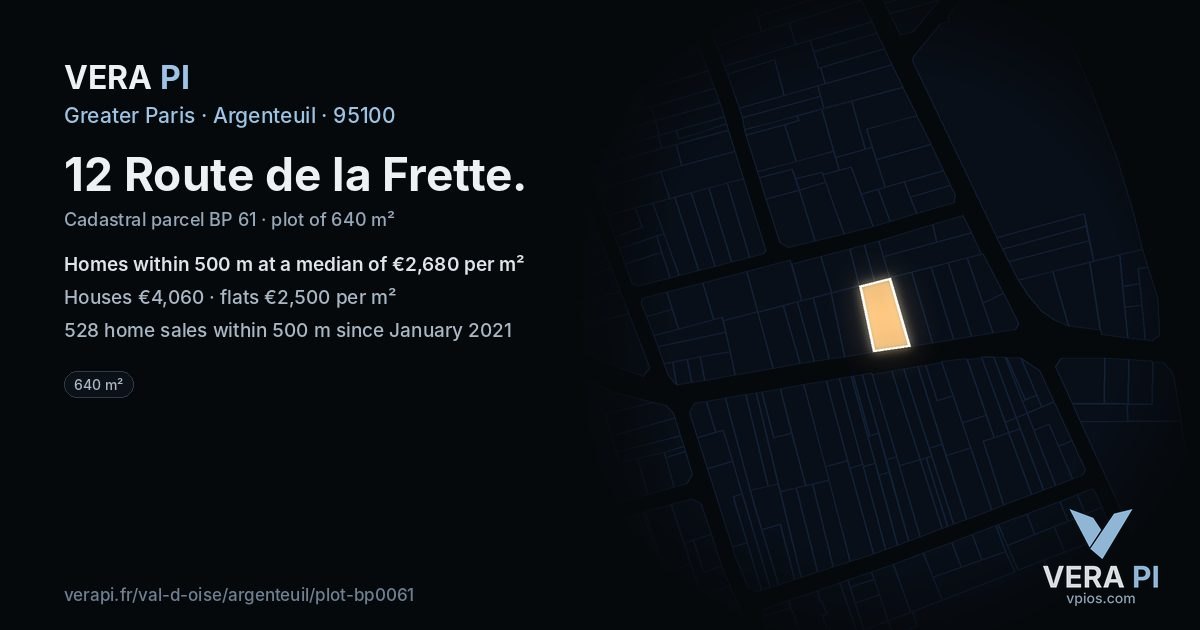 12 Route de la Frette, Argenteuil at night – the plot lit, the parcels around coloured by the prices near them