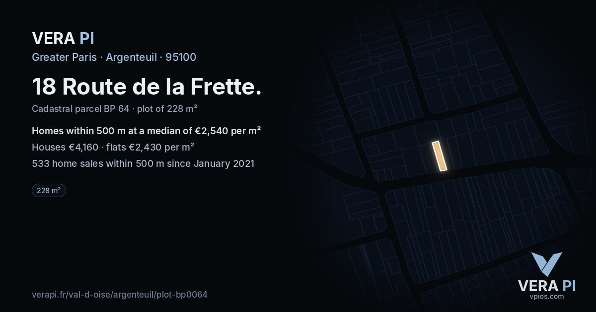 18 Route de la Frette, Argenteuil at night – the plot lit, the parcels around coloured by the prices near them