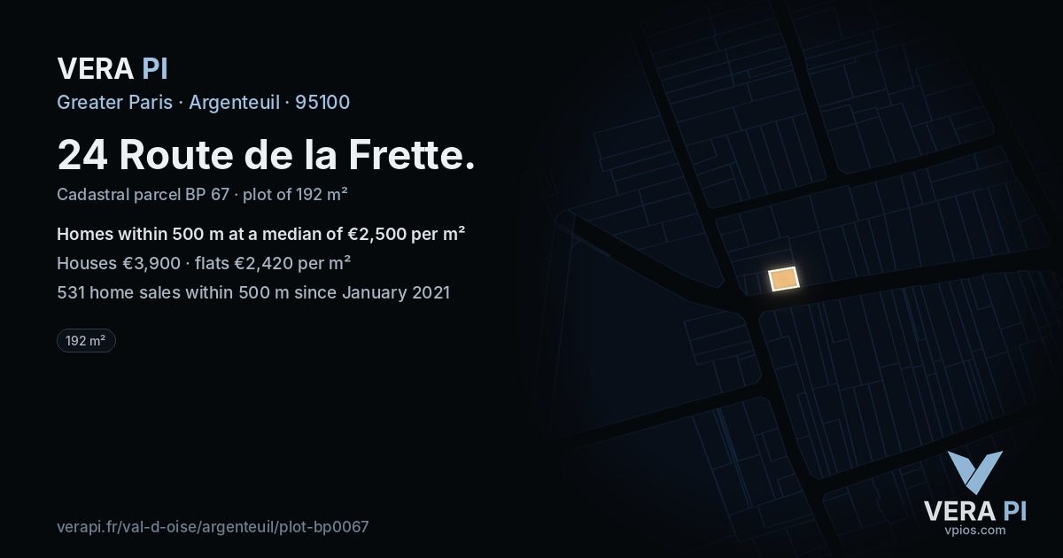 24 Route de la Frette, Argenteuil at night – the plot lit, the parcels around coloured by the prices near them