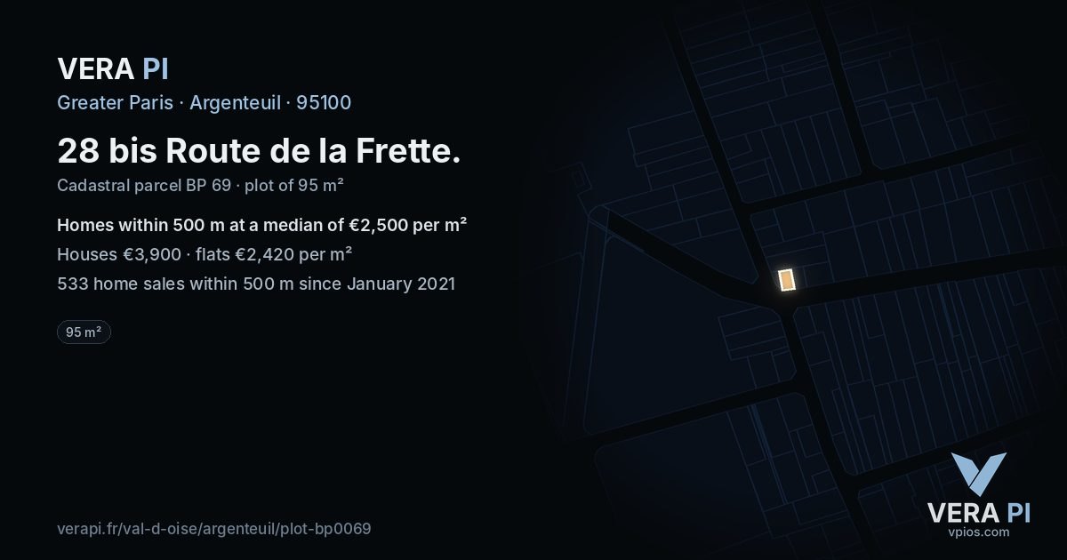 28 bis Route de la Frette, Argenteuil at night – the plot lit, the parcels around coloured by the prices near them