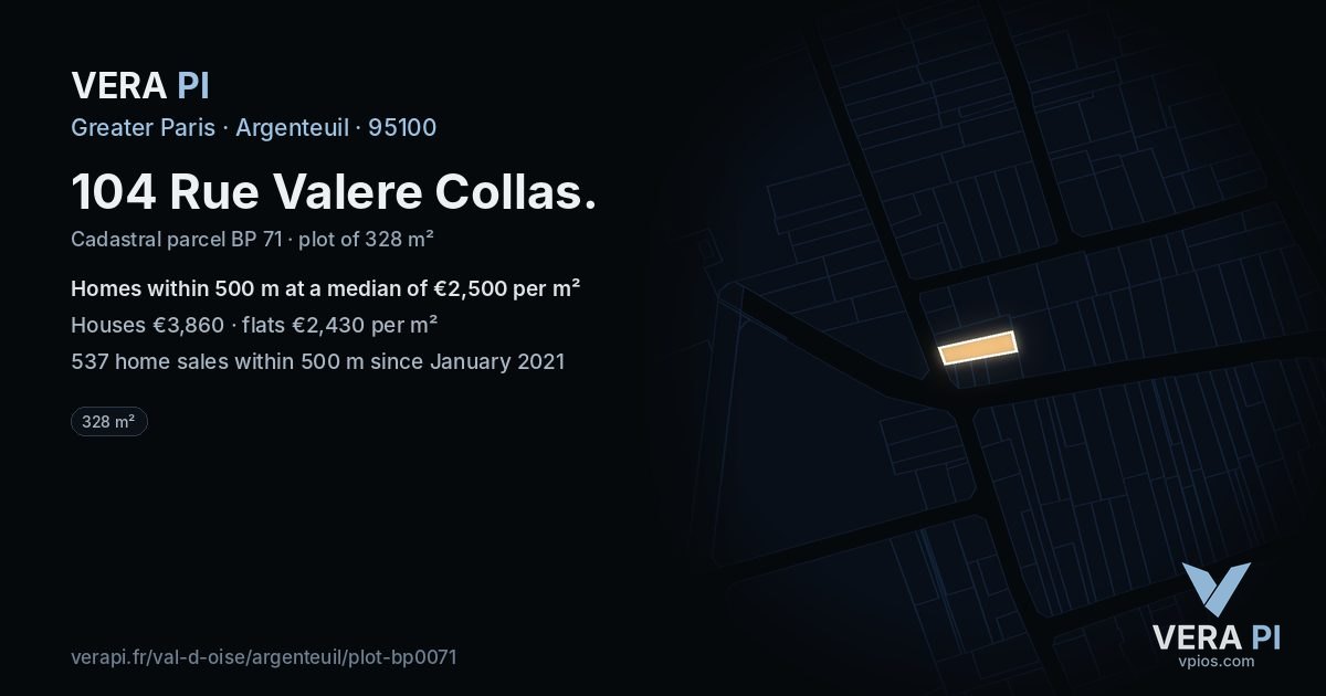 104 Rue Valere Collas, Argenteuil at night – the plot lit, the parcels around coloured by the prices near them