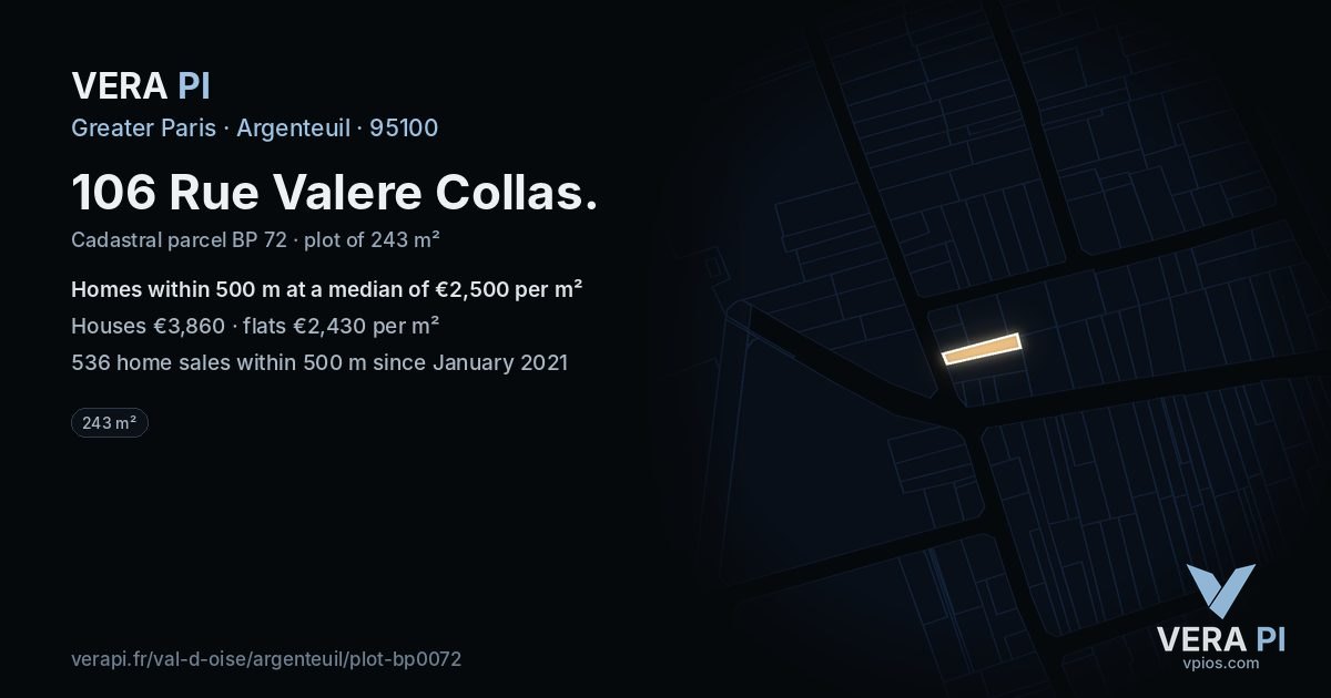 106 Rue Valere Collas, Argenteuil at night – the plot lit, the parcels around coloured by the prices near them