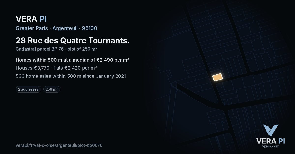 28 Rue des Quatre Tournants, Argenteuil at night – the plot lit, the parcels around coloured by the prices near them