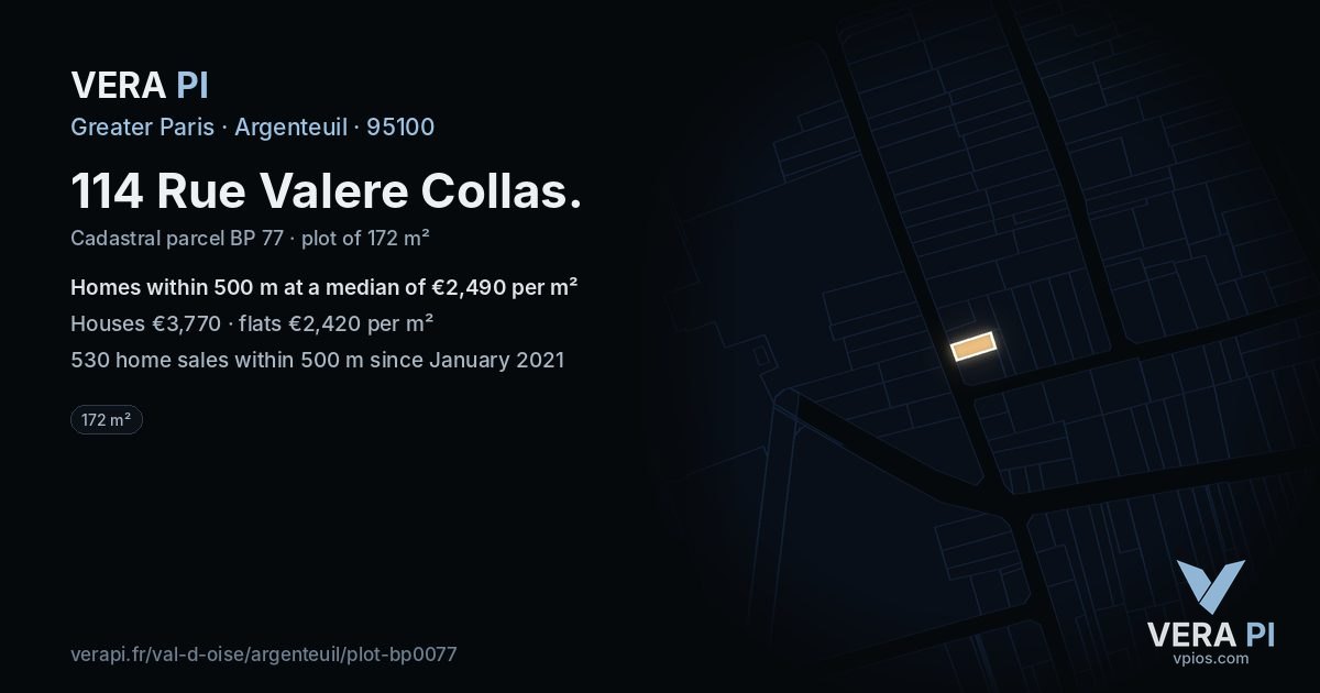 114 Rue Valere Collas, Argenteuil at night – the plot lit, the parcels around coloured by the prices near them