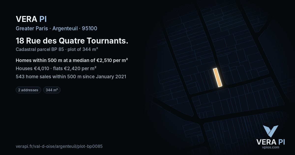 18 Rue des Quatre Tournants, Argenteuil at night – the plot lit, the parcels around coloured by the prices near them