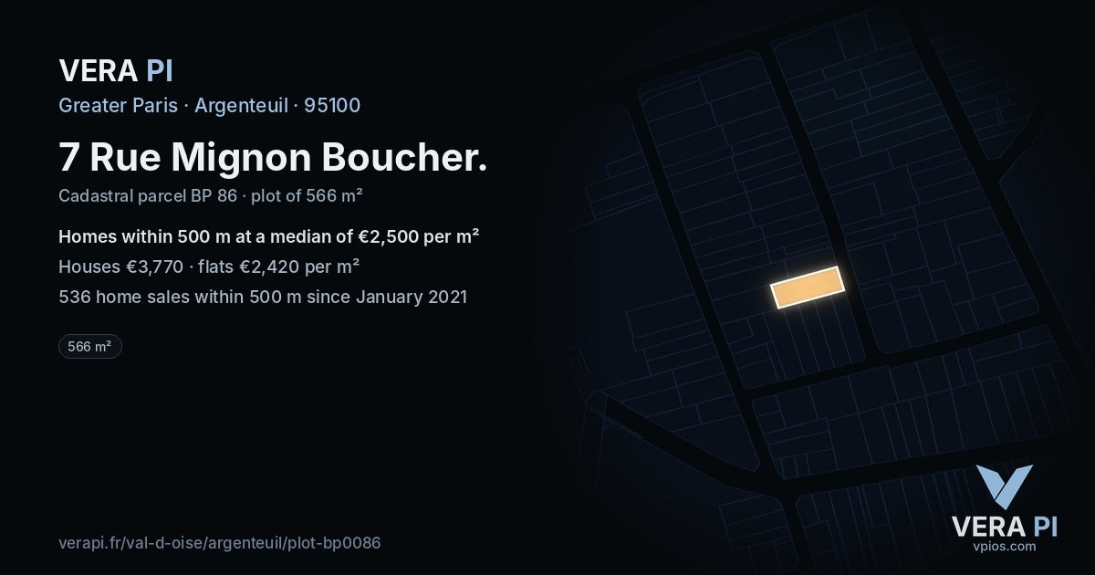 7 Rue Mignon Boucher, Argenteuil at night – the plot lit, the parcels around coloured by the prices near them