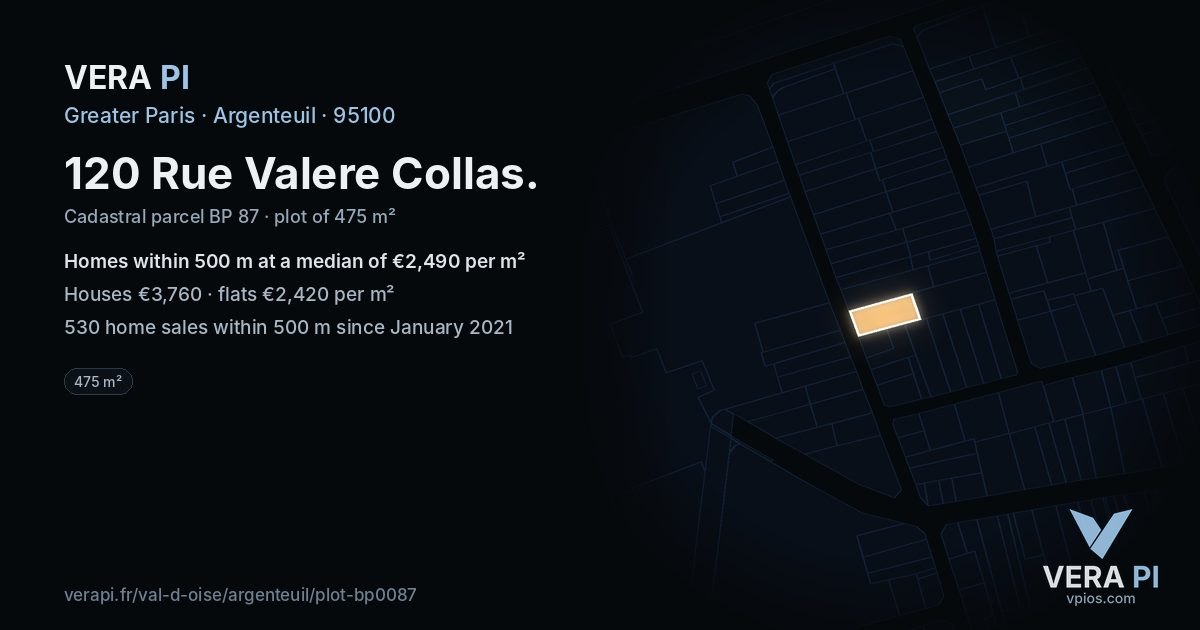 120 Rue Valere Collas, Argenteuil at night – the plot lit, the parcels around coloured by the prices near them