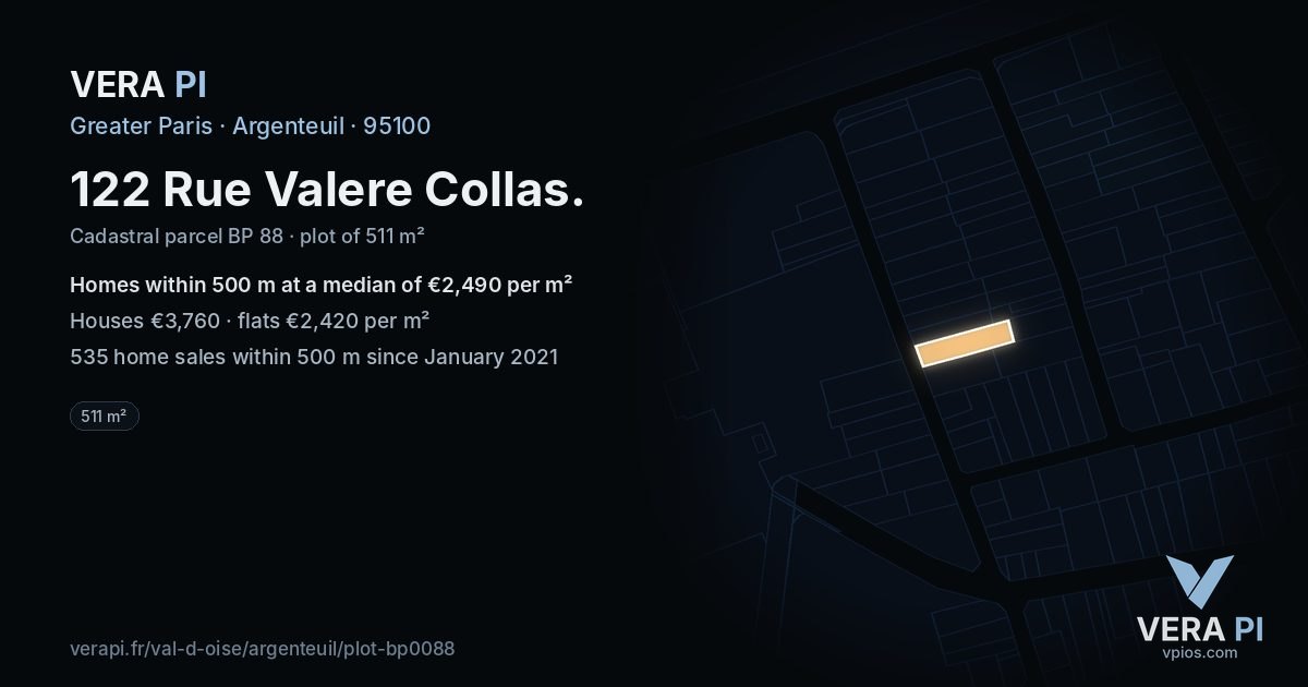 122 Rue Valere Collas, Argenteuil at night – the plot lit, the parcels around coloured by the prices near them