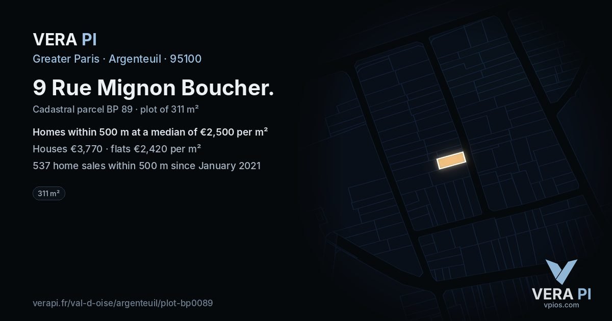 9 Rue Mignon Boucher, Argenteuil at night – the plot lit, the parcels around coloured by the prices near them