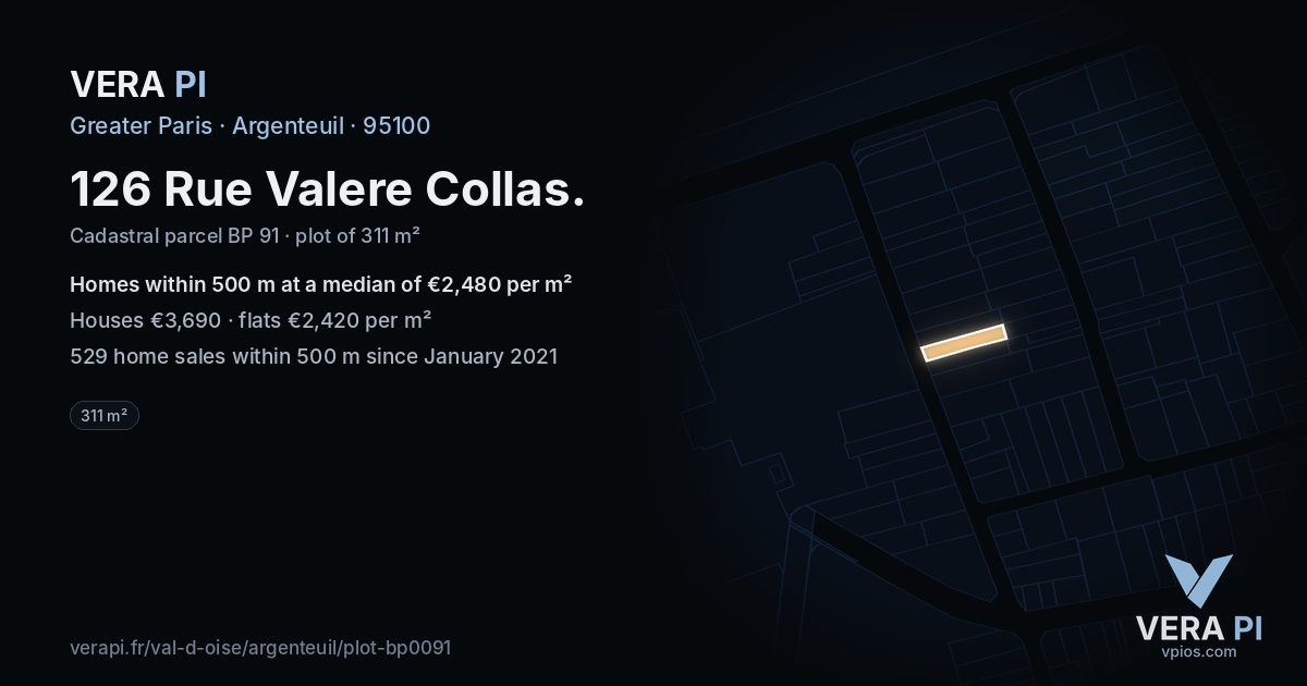 126 Rue Valere Collas, Argenteuil at night – the plot lit, the parcels around coloured by the prices near them