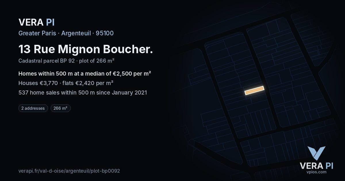 13 Rue Mignon Boucher, Argenteuil at night – the plot lit, the parcels around coloured by the prices near them