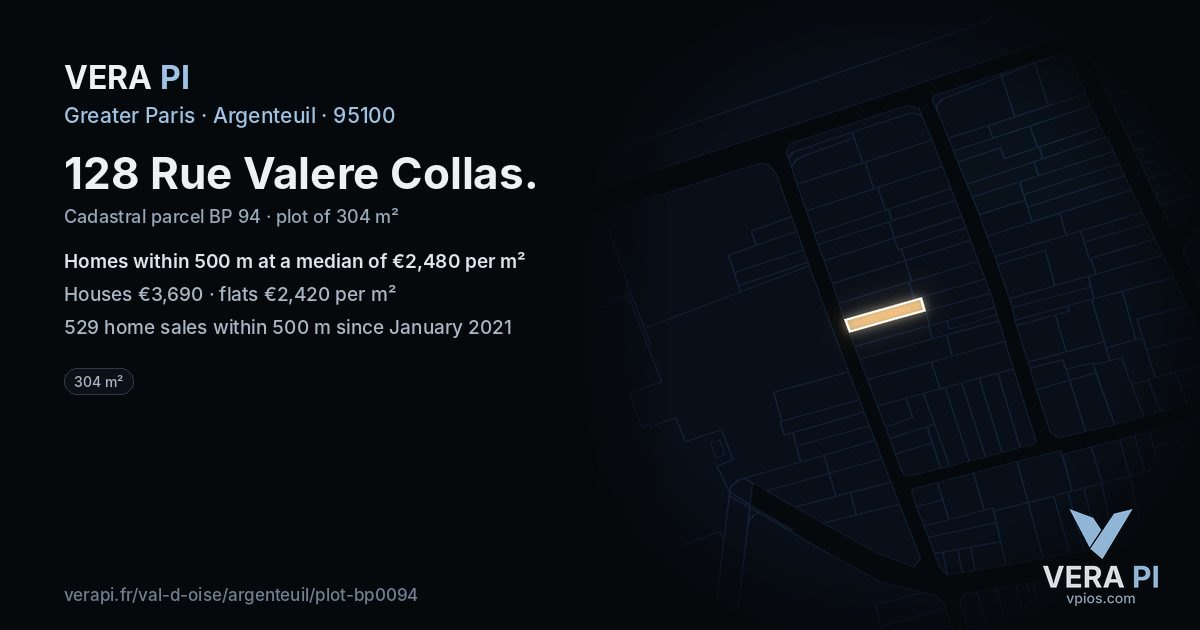 128 Rue Valere Collas, Argenteuil at night – the plot lit, the parcels around coloured by the prices near them