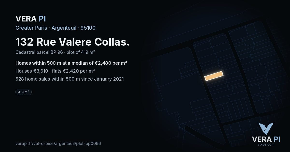 132 Rue Valere Collas, Argenteuil at night – the plot lit, the parcels around coloured by the prices near them