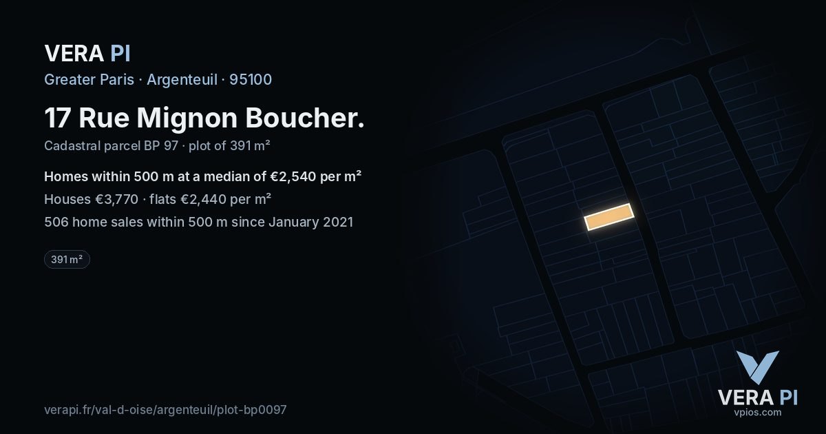 17 Rue Mignon Boucher, Argenteuil at night – the plot lit, the parcels around coloured by the prices near them