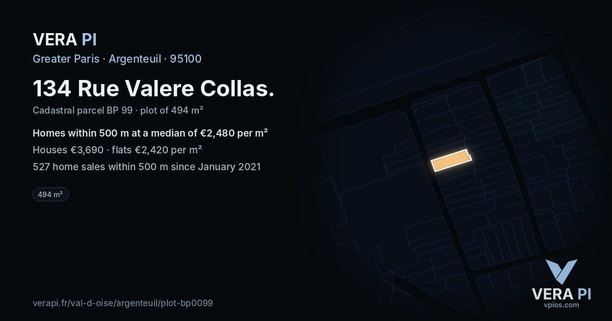 134 Rue Valere Collas, Argenteuil at night – the plot lit, the parcels around coloured by the prices near them