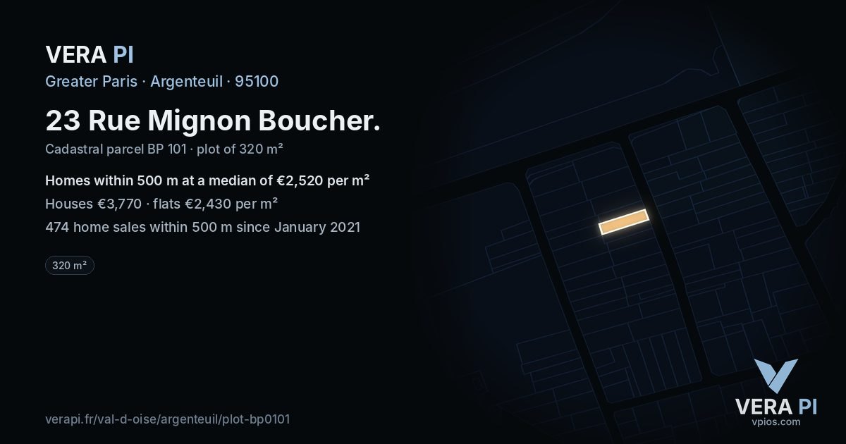 23 Rue Mignon Boucher, Argenteuil at night – the plot lit, the parcels around coloured by the prices near them