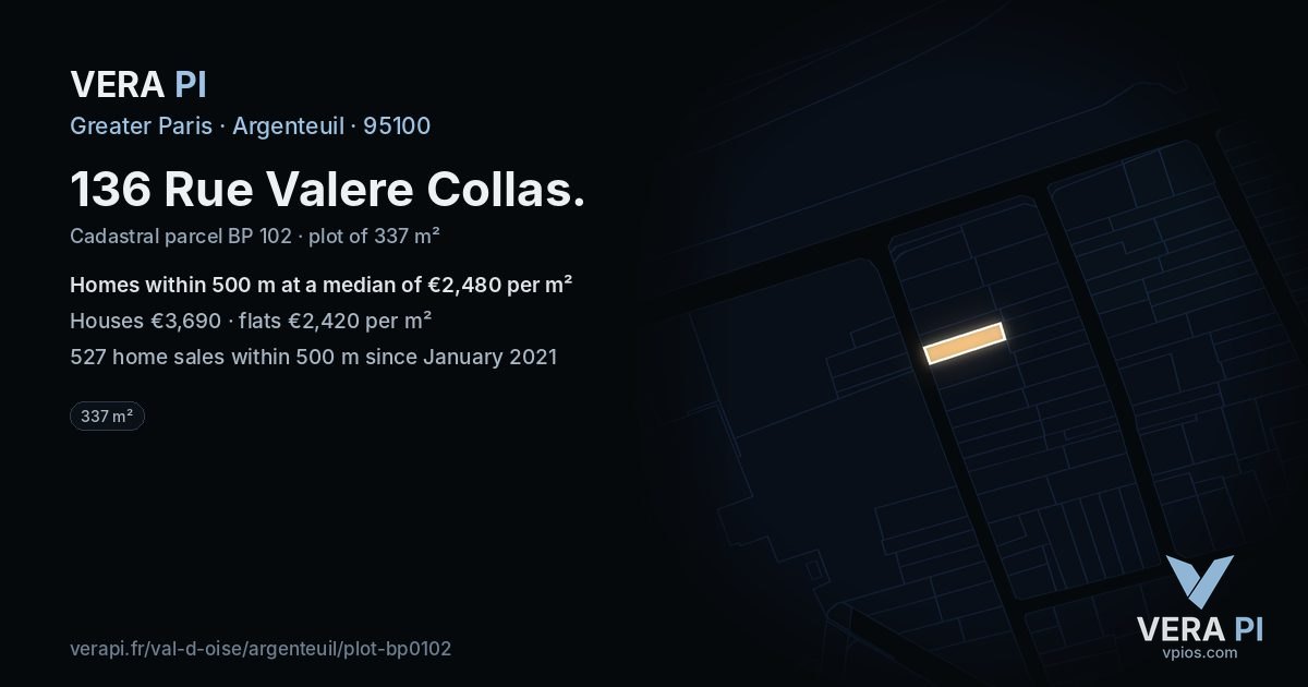 136 Rue Valere Collas, Argenteuil at night – the plot lit, the parcels around coloured by the prices near them