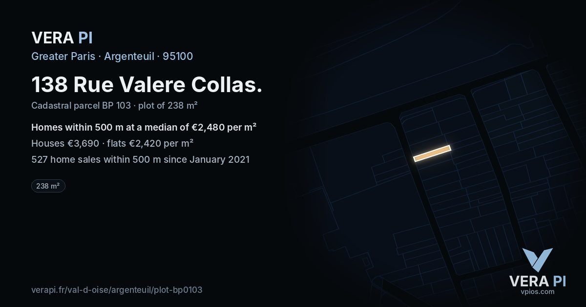 138 Rue Valere Collas, Argenteuil at night – the plot lit, the parcels around coloured by the prices near them