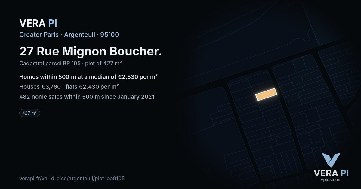 27 Rue Mignon Boucher, Argenteuil at night – the plot lit, the parcels around coloured by the prices near them