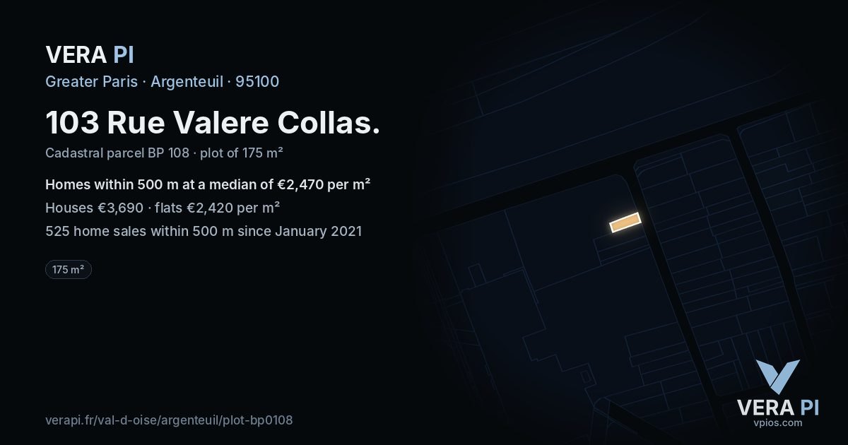 103 Rue Valere Collas, Argenteuil at night – the plot lit, the parcels around coloured by the prices near them