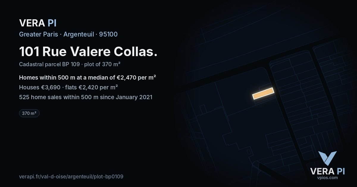 101 Rue Valere Collas, Argenteuil at night – the plot lit, the parcels around coloured by the prices near them