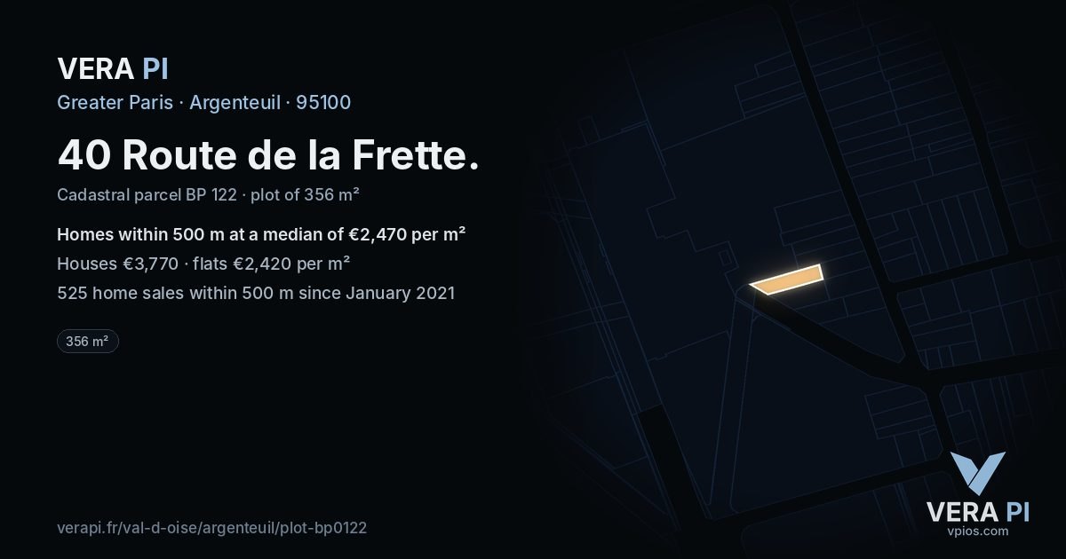 40 Route de la Frette, Argenteuil at night – the plot lit, the parcels around coloured by the prices near them
