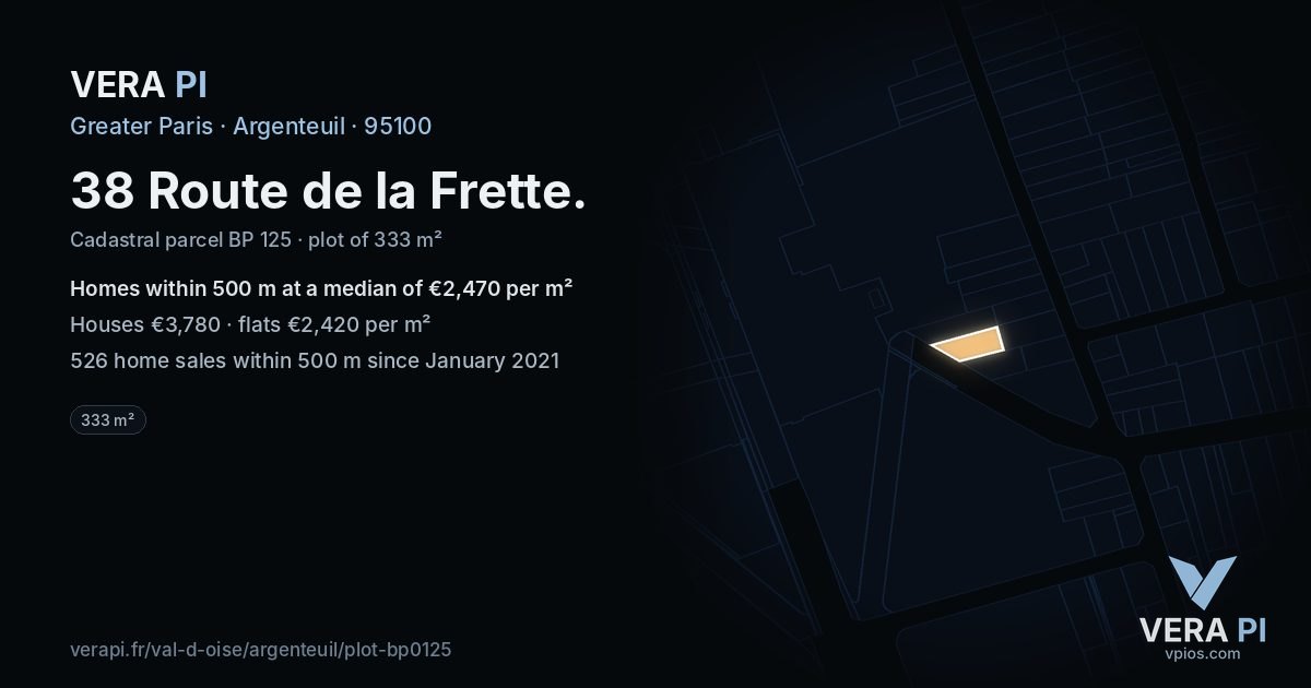 38 Route de la Frette, Argenteuil at night – the plot lit, the parcels around coloured by the prices near them