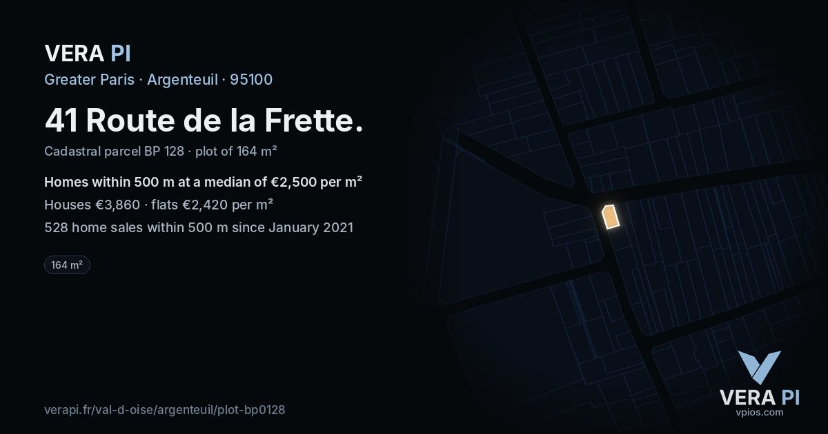 41 Route de la Frette, Argenteuil at night – the plot lit, the parcels around coloured by the prices near them