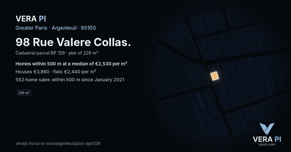 98 Rue Valere Collas, Argenteuil at night – the plot lit, the parcels around coloured by the prices near them